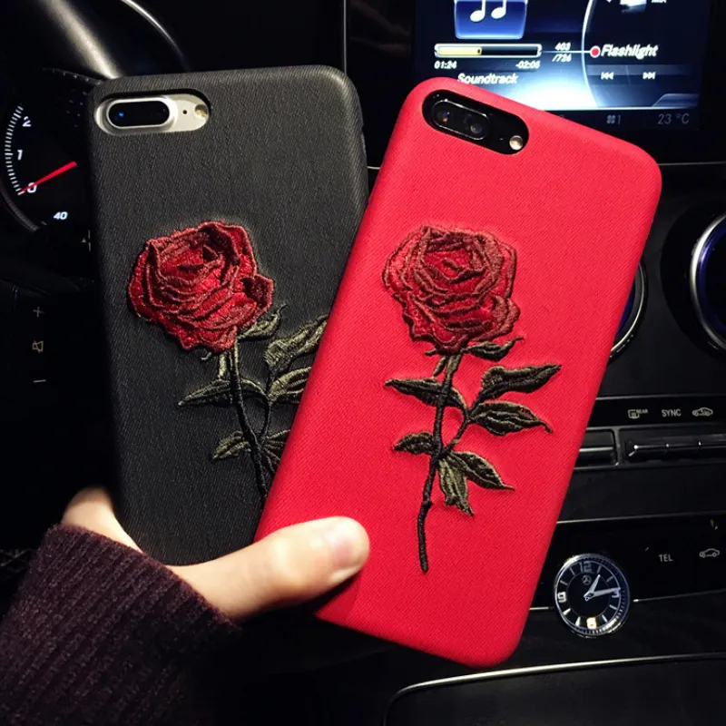 Coque de téléphone portable en verre trempé, nouvelle collection 2018, avec motif de roses brodées, pour iPhone 7 8 plus