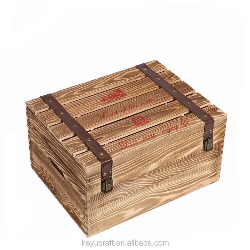 Caja de embalaje de madera para 6 botellas con color tostado y logotipo de serigrafía