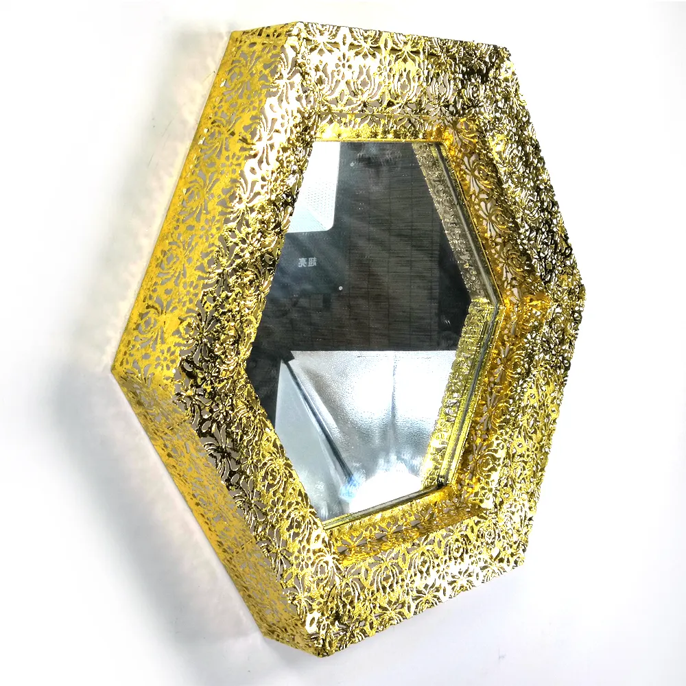 20 polegadas 50cm hexagon padrão de flor decorativo de metal moldura de espelho de ouro fixado na parede para sala de estar
