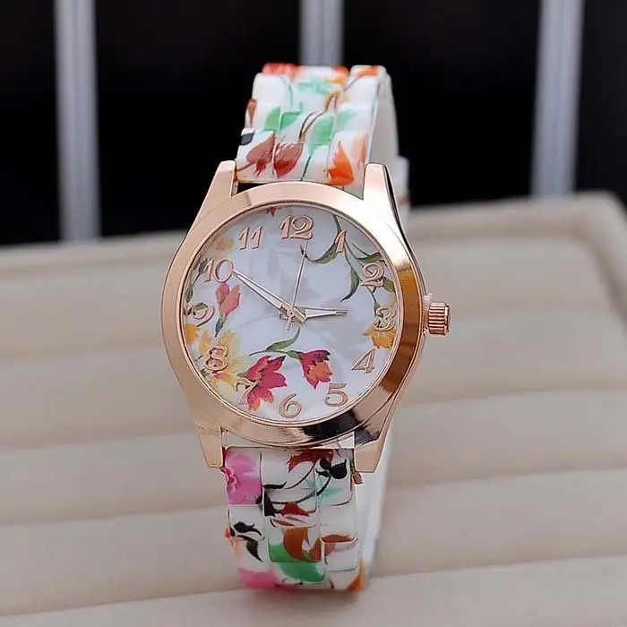 Новые модные дизайнерские женские спортивные брендовые силиконовые часы jelly Часы с цветным цветком кварцевые часы для женщин