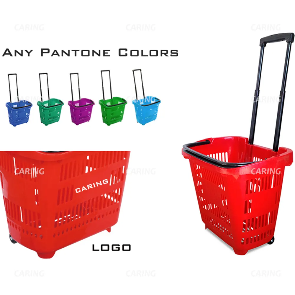 Supermarket handle plastic basket for shopping/orange wheeled basket trolley