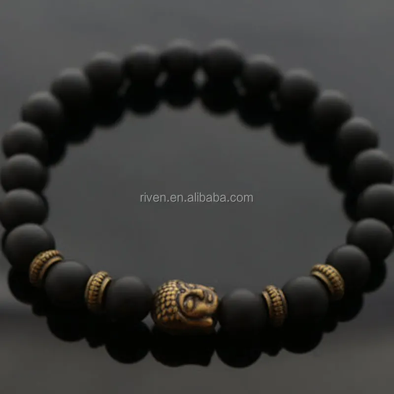 SN0648 onice nero opaco testa di Buddha bronzo Buddha Yoga guarigione braccialetto di perline spirituali