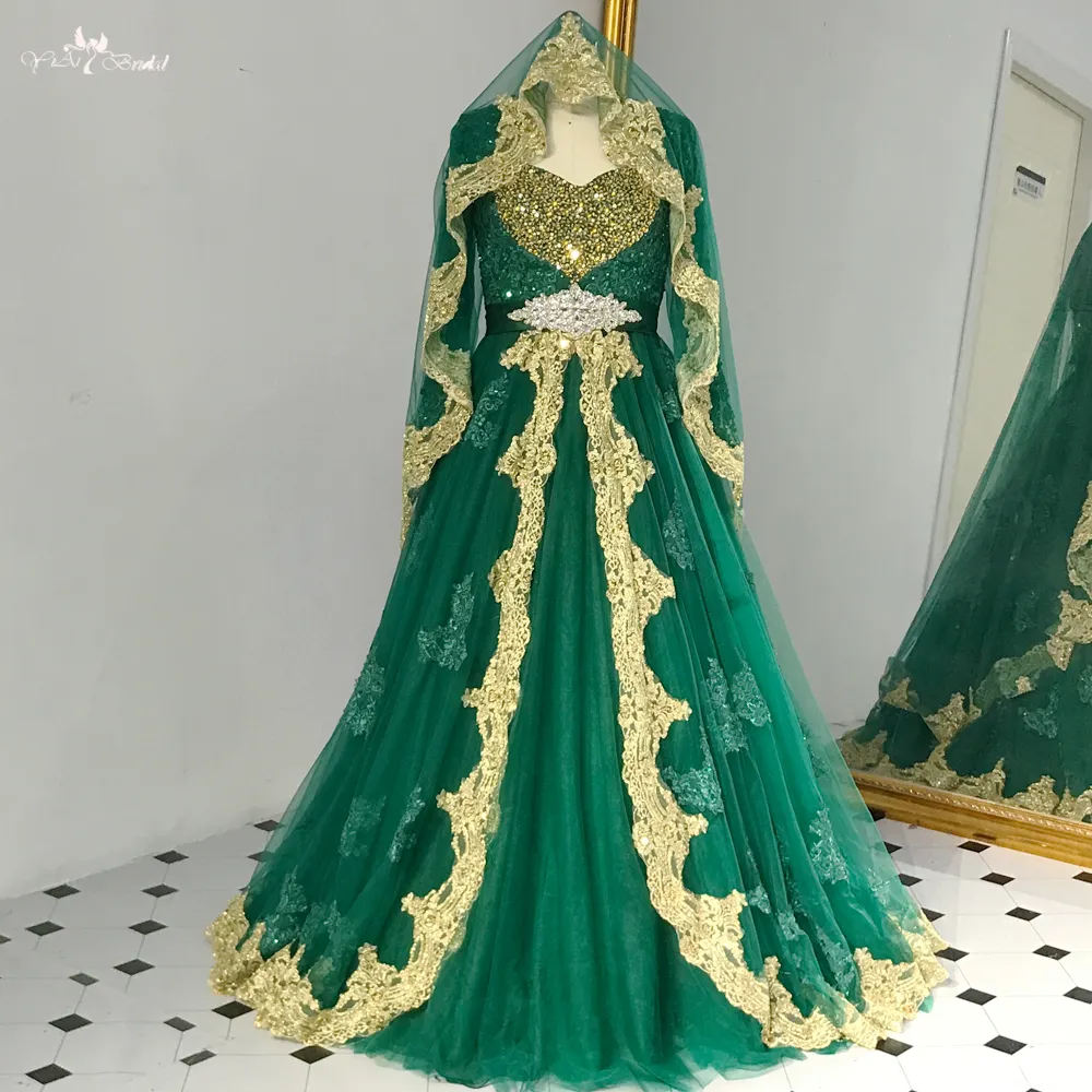 RSE890 Queen Anne scollo abiti da sposa indiani colore verde maniche lunghe abito da sposa arabo