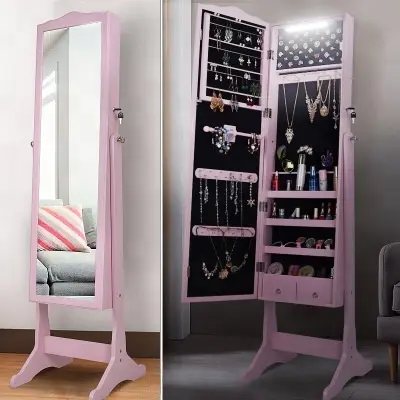 Muebles de madera decorativos para dormitorio personalizados mueble de joyería con espejo montado en la pared china con luces LED