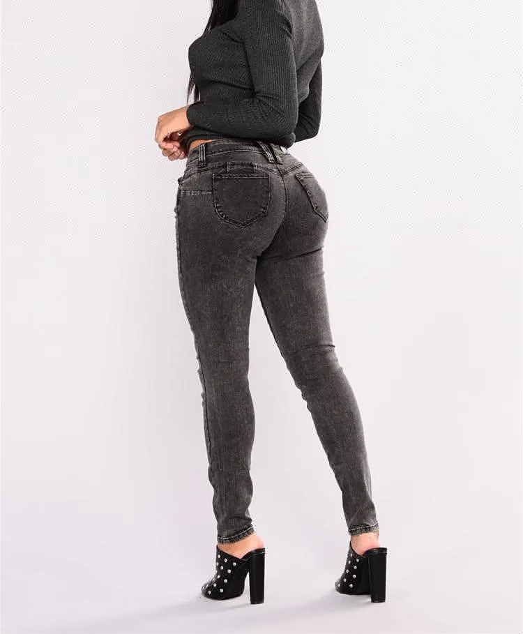 Reale lupo personalizzato skinny jeans di fabbrica a vita bassa nero neve di lavaggio jeans strappati jeans delle donne butt lift jeans