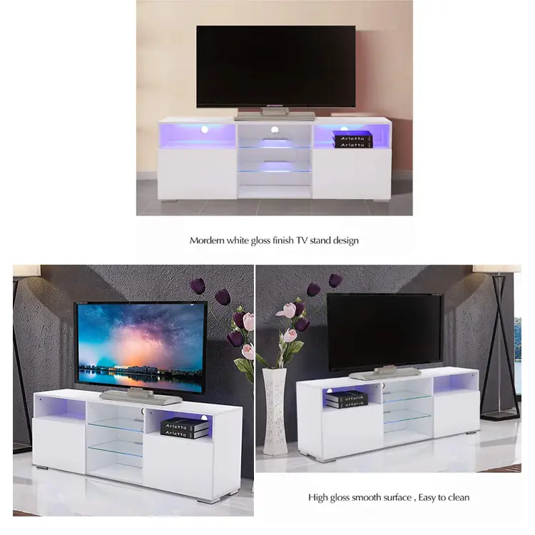 Sala de estar branca simples mdf tv stand tv madeira armário com luz led