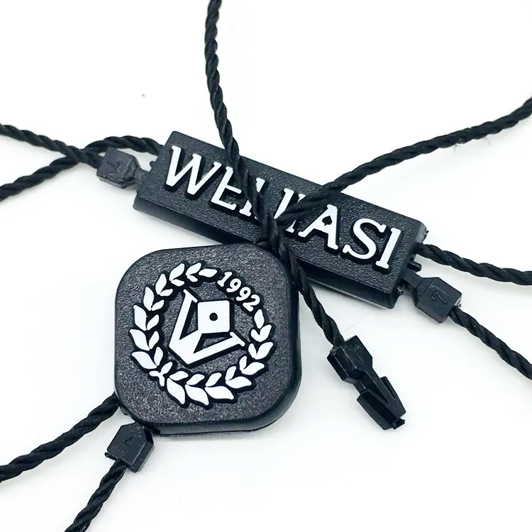 Corda De Nylon Personalizado Logotipo De Marca De Gravação Personalizada Selo De Vestuário De Plástico Tag De Pendurar String Etiquetas De Nome Etiquetas De Vestuário String Hangtags