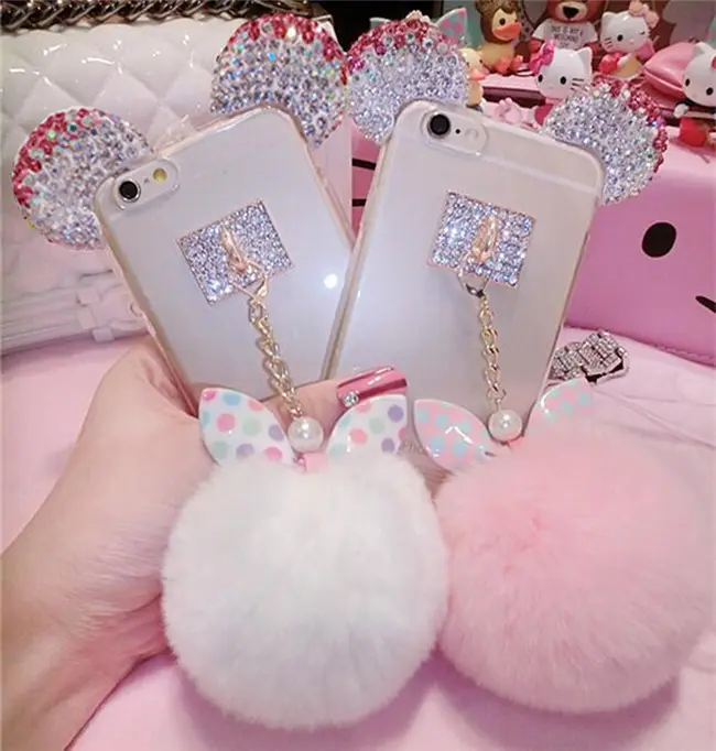 Crystal Mouse Telinga Kasus Ikatan Simpul Bulu Bola untuk Samsung Note 3/4/5/S5/6/7Edge/S8/S8plus/J5