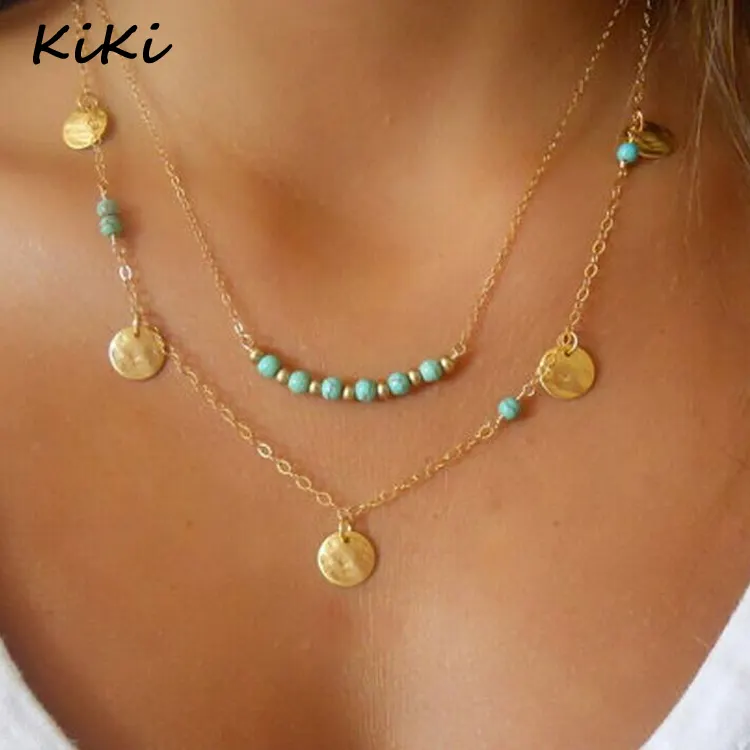 >>> 2 stks Nieuwe hot Turquoise pailletten dubbele ketting vrouwen ketting