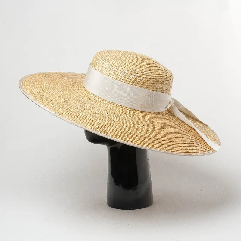 Sombrero de playa de lujo para mujer, gorro de paja de trigo Natural con borde grande de 15CM para verano, gran oferta