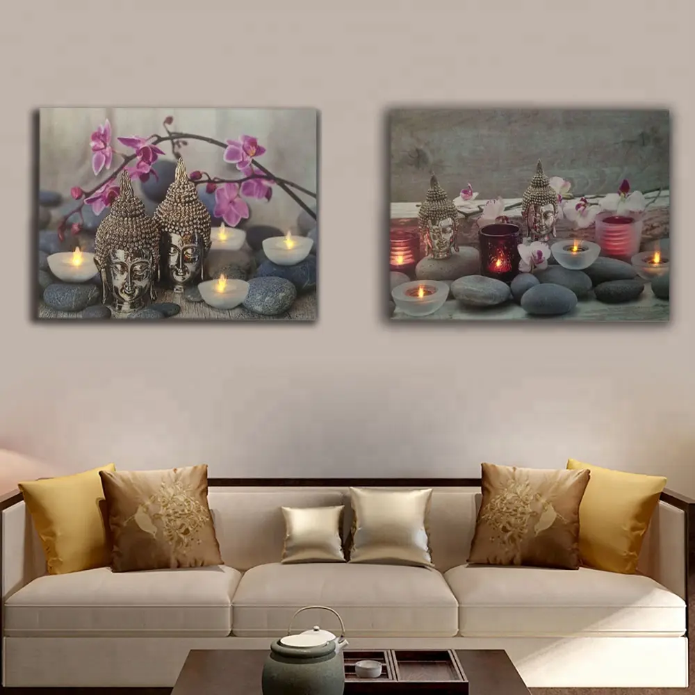 Buddha testa tela con candele di tè orchidea immagine della parete led sfogliando della tela di canapa pittura di luce up di stampa opere d'arte per soggiorno
