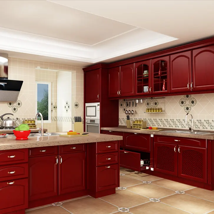 Mueble de cocina de PVC rojo de nuevo diseño a precio de fábrica con encimera de cuarzo