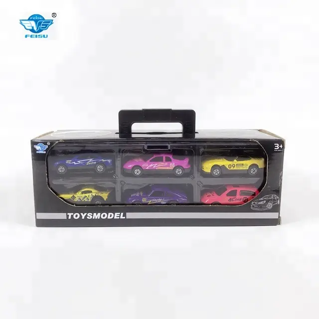 Mini coche de carreras de aleación fundido a presión, modelo en caja de transporte para colección para niños, 1, 64, 6 uds.