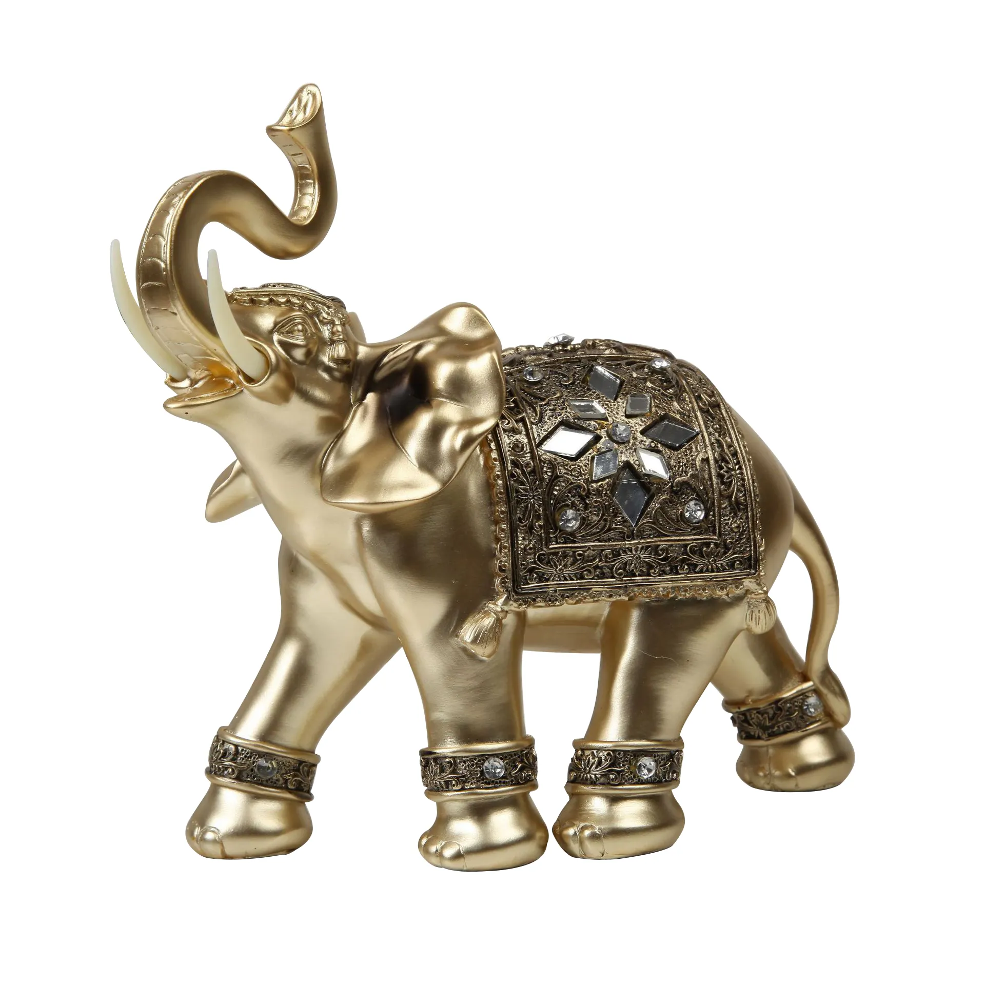 Estilo europeu casa decorativa resina fibra de vidro indiano coleções antigo ouro animal elefante estátua para mesa