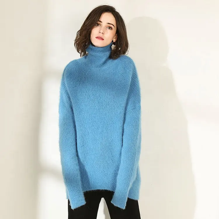 2024 personnalisé femmes grand pull en cachemire Angora surdimensionné bleu confortable tricot col roulé 100 pull en laine Angora pour les femmes