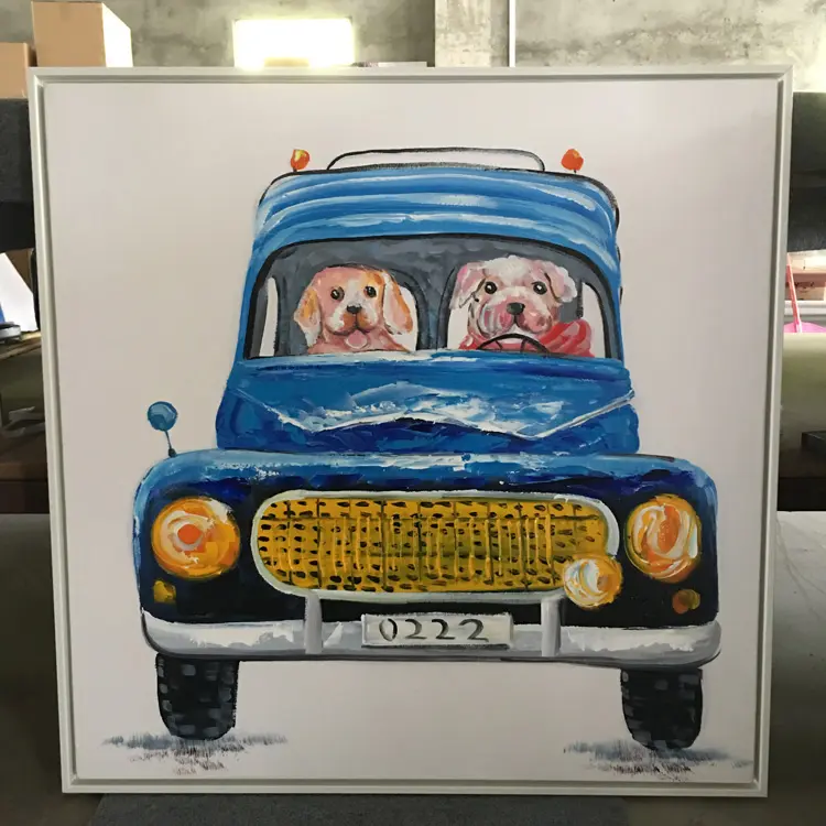 Stampa 3d-Poster da parete decorativo animale disegnato a mano cane In auto pittura artistica su tela per la stampa per la camera dei bambini