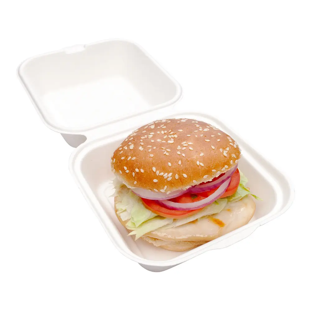 Biodegradable Compostable Sugarcane Bagasse Take Out Hinged Ham burger Container Box