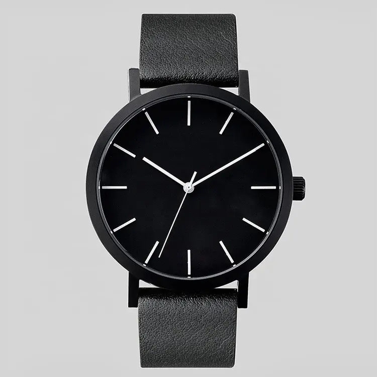 Echtes Leder Strap China Fabrik OEM Logo Männer Schwarz Minimalistischen Uhr