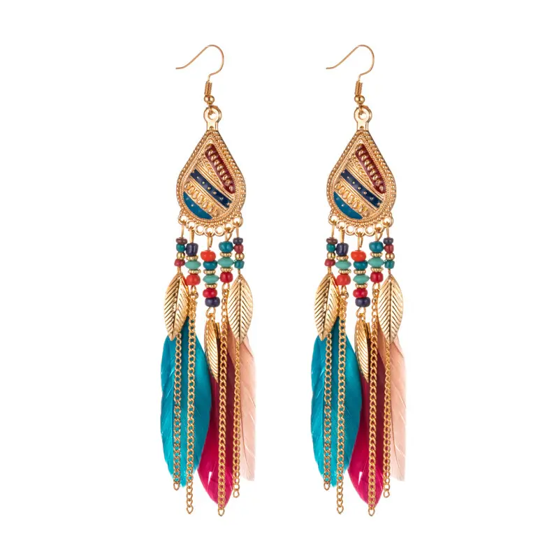 Pendientes de aro con borla de plumas de Miyuki, de estilo bohemio, de aleación dorada, para mujeres