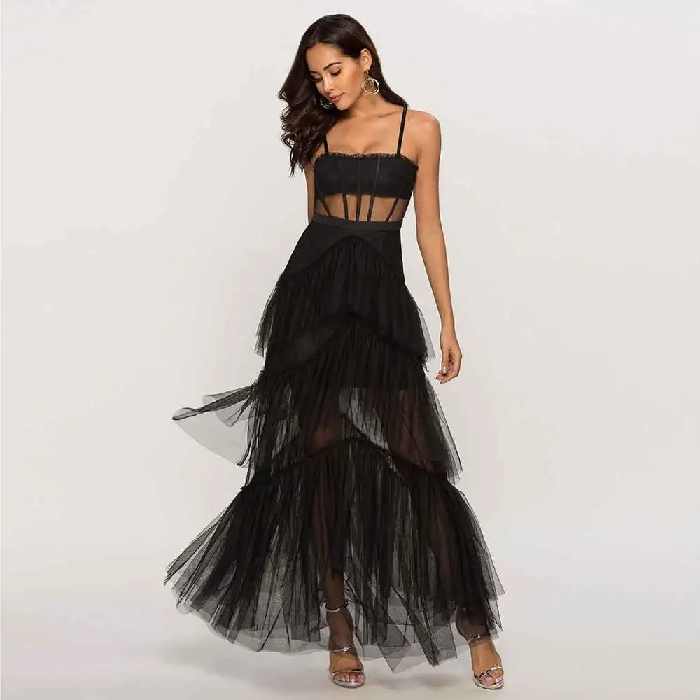 Vestido feminino longo estilo a2923, vestido de festa preto sensual transparente com renda elegante, para noite