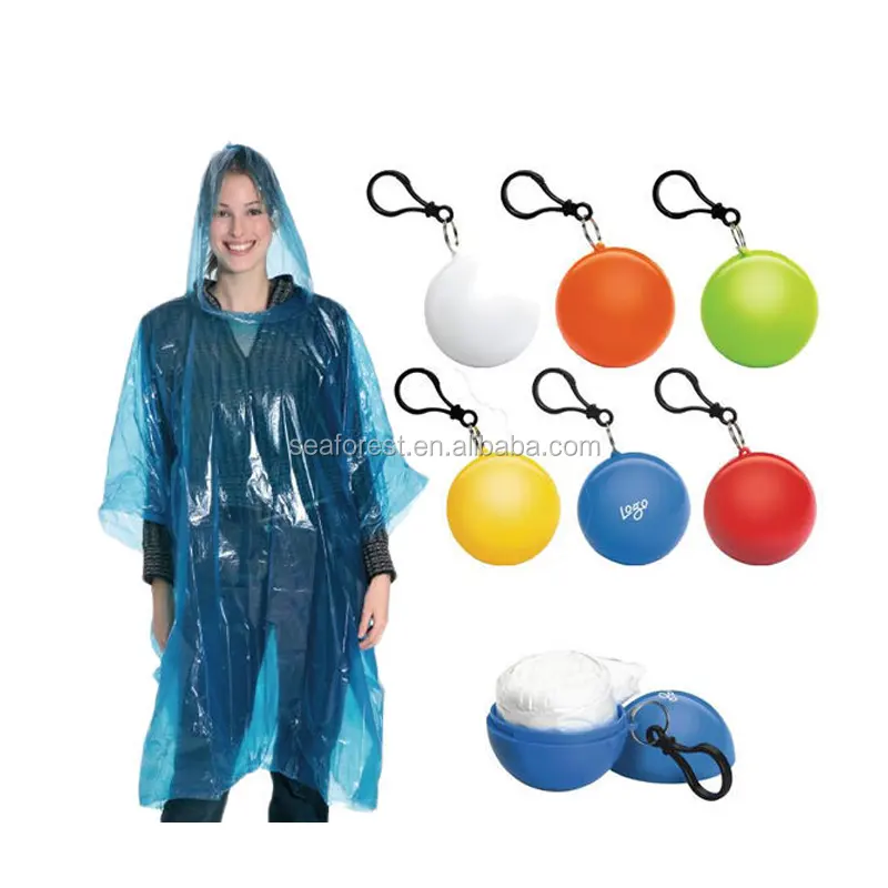 PE transparent poncho de pluie avec une boule en plastique jetable à capuche rainware, utilisation unique imperméable