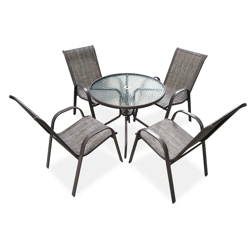 Barato mundo fuente internacional de 5 piezas de Metal de café al aire libre jardín terraza o Patio muebles ronda mesa y sillas de Patio