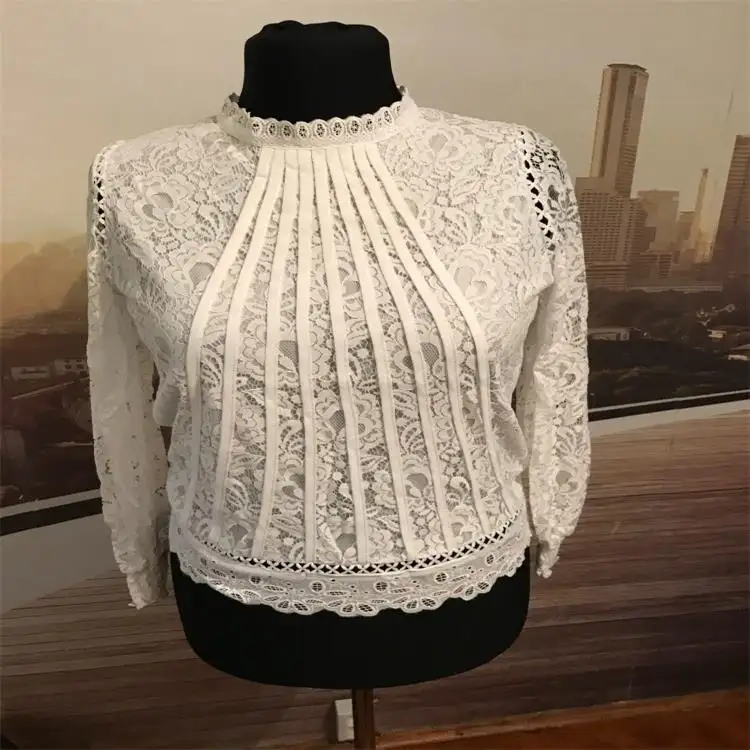 Blusa de manga larga Chifón con para otoño, camisa blanca con encaje para mujer, Crochet