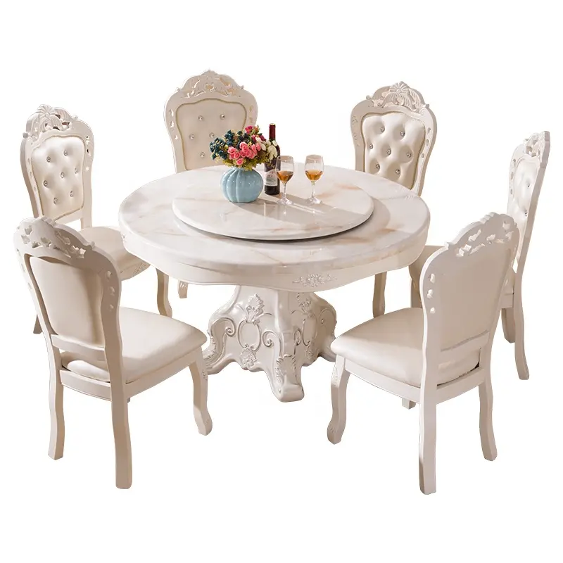 Conjunto de mesa de jantar estilo europeu, cadeiras redondas brancas de madeira sólida para jantar conjunto de 6 cadeiras com centro rotativo de mármore