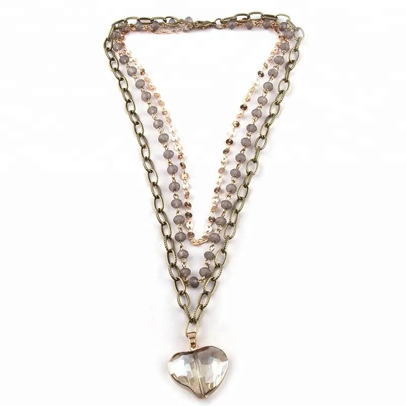 Collane con ciondolo a forma di cuore in vetro con catena a maglie a rosario in cristallo multiplo a 3 strati di moda