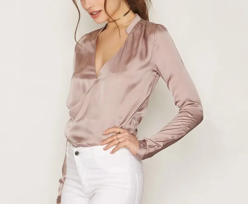 Camisas de manga larga para mujer, blusas informales ajustadas de gasa, color rosa liso con cuello en V profundo, para otoño