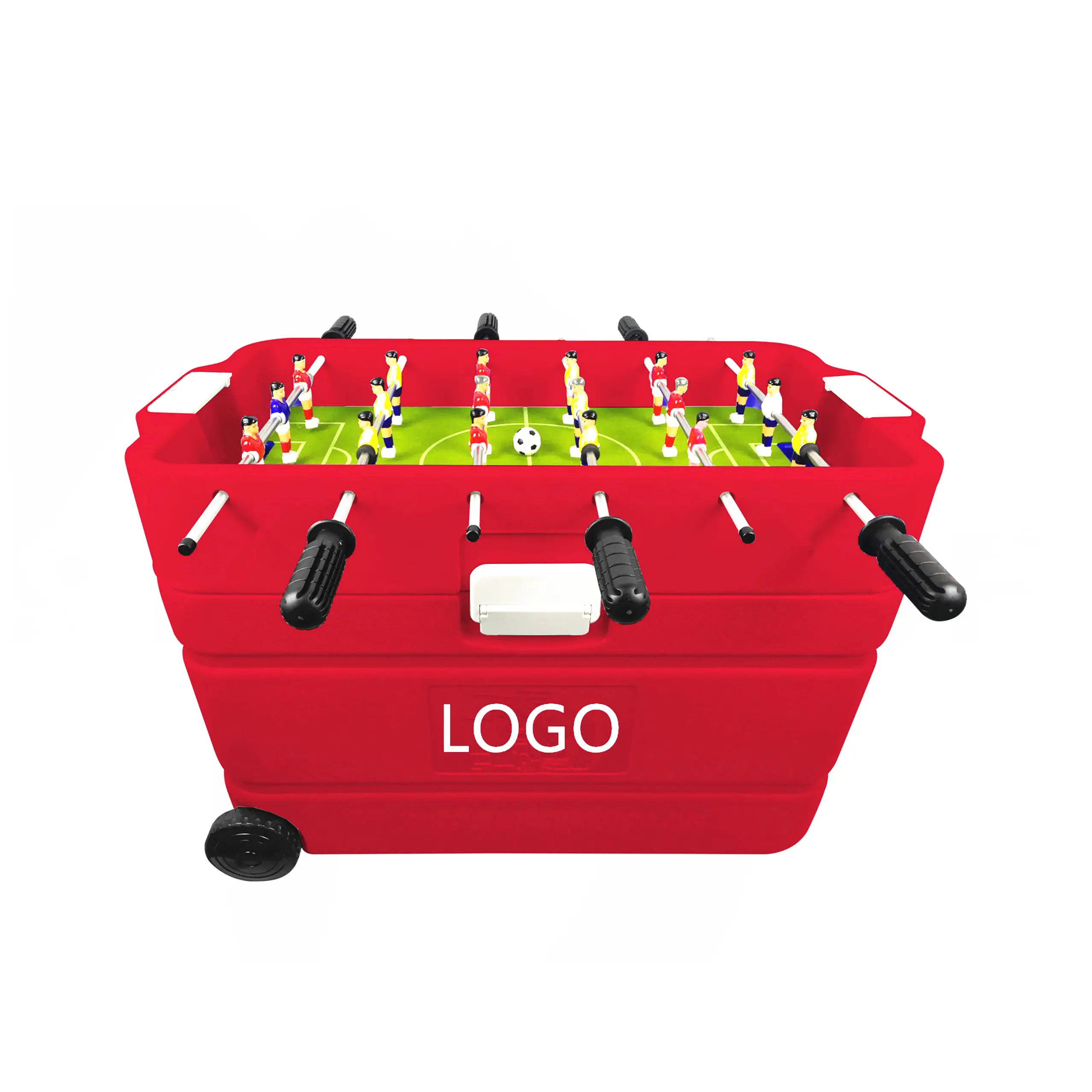 Home Compact Plastic 60L Red Cooler Box With Mini Foosball Soccer Table Game For Family Party Indoor and outdoor