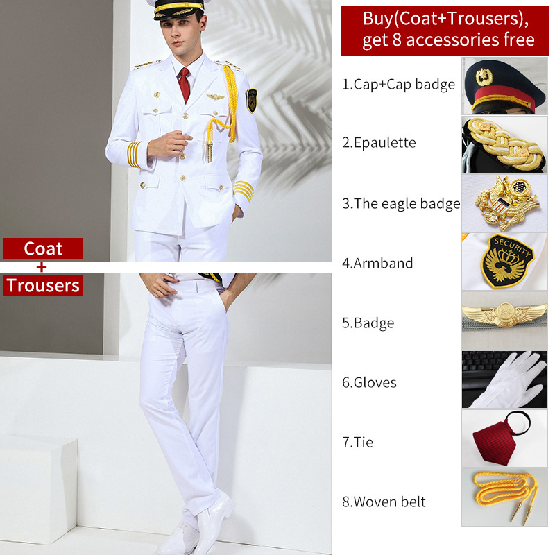 Costume uniforme blanc + casquette noire + badge 3 + 6 accessoires
