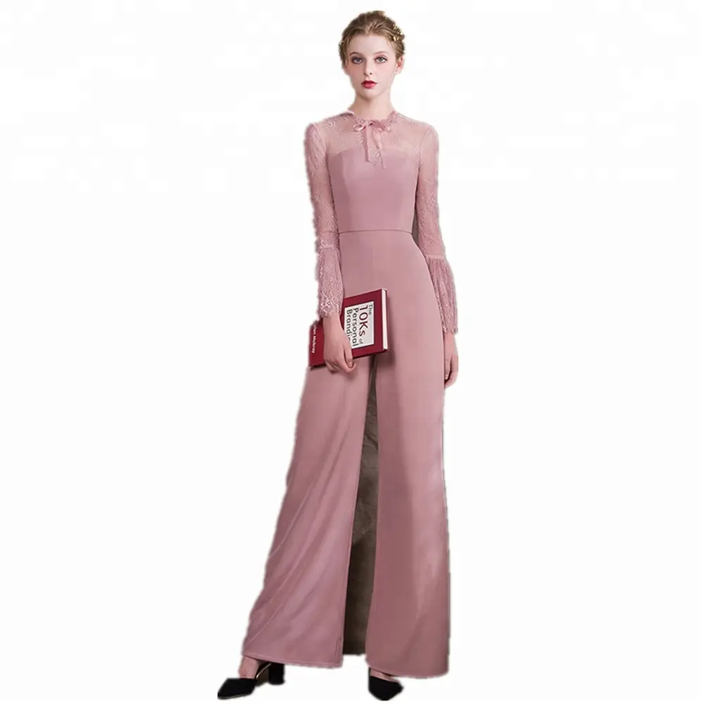 Robe de soirée en satin rose et noir, haut en dentelle, pantalon en dentelle, offre spéciale, 2023