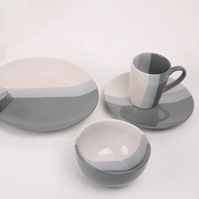 Service de table en céramique, vaisselle domestique en porcelaine fine, service de table en grès gris, 16 pièces