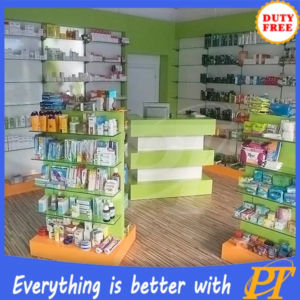 Farmasi berdiri kayu farmasi rak untuk farmasi toko dan toko dekorasi