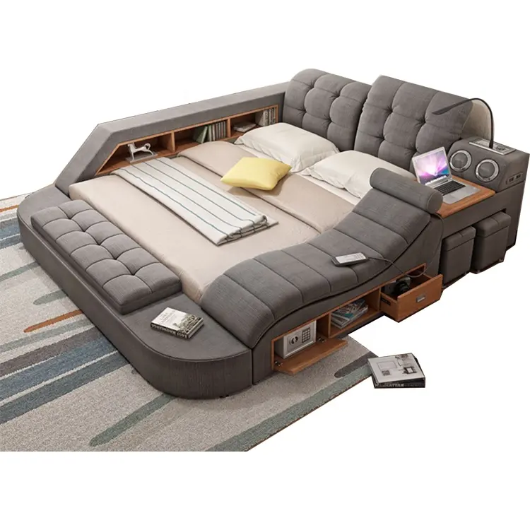 Cama multifunción de cuero o tela con masajeador, LED, taquilla, audio USB, muebles de dormitorio, venta al por mayor, lujo moderno, gran oferta