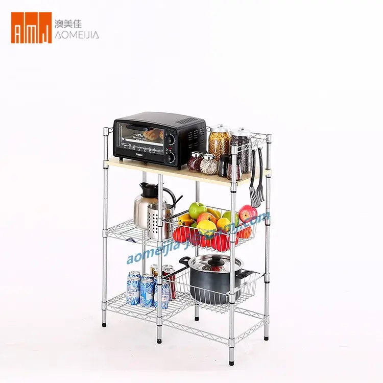 Multi Tingkat Kawat Dapur Makanan Storahe Cabinet Cart Microwave Berdiri dengan Pakan Papan Penyimpanan Pemegang Kandang Kawat Rak untuk Rumah