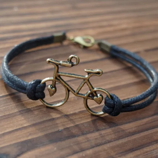 Alibaba commercio all'ingrosso bronzo antico del pendente della bicicletta nero corda mens braccialetto fatto a mano