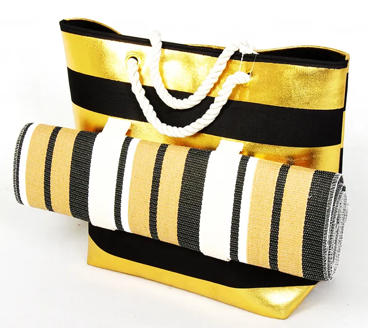 Bolso con estampado de rayas doradas y plateadas, bolsa de playa con estera de paja de papel