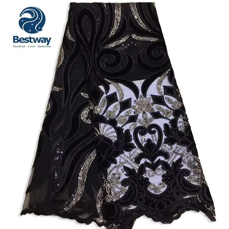 Bestway Ultime Nero africano del partito della signora della maglia ricamato di paillettes tessuto francese del merletto con velluto FL2743