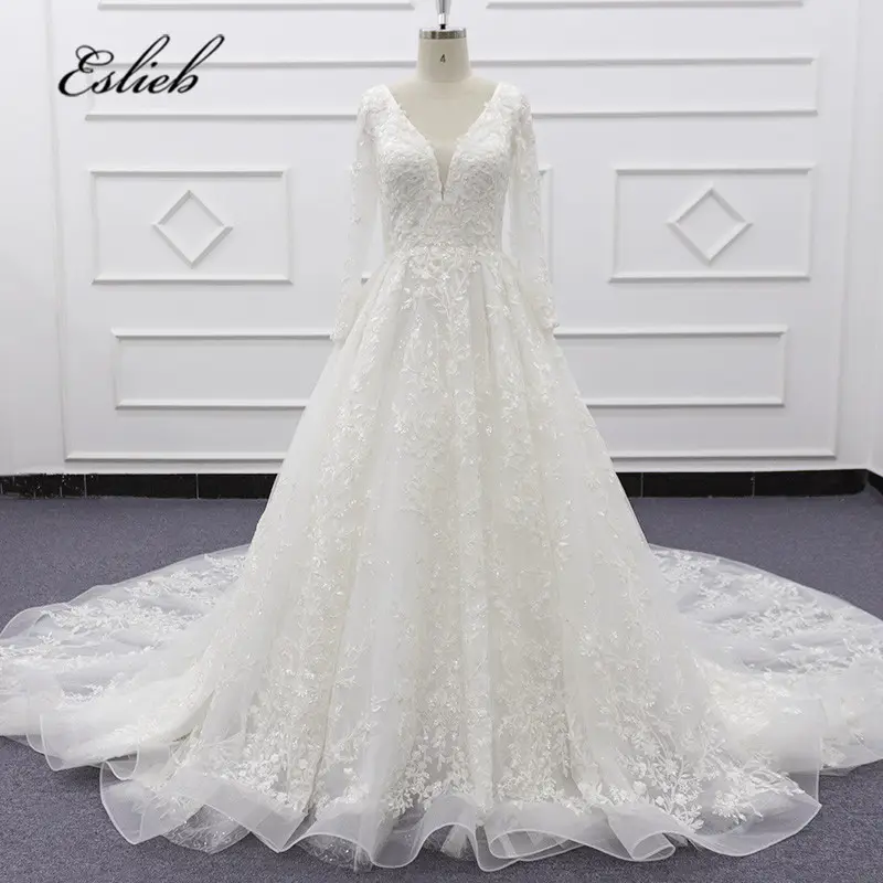 Eslieb SJ009-5 Ảnh Thật Sâu V-cổ Áo Ngà Dài Tay Áo Phong Cách Hàn Quốc Tùy Chỉnh Wedding Dress Bóng Gown