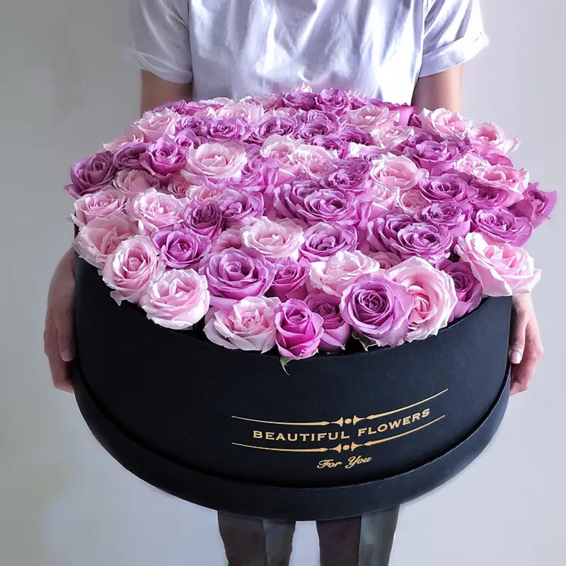 Caja de cartón con tapa personalizada, grande, Extra grande, Logo dorado, papel mate, rosas, embalaje Floral, flor redonda negra