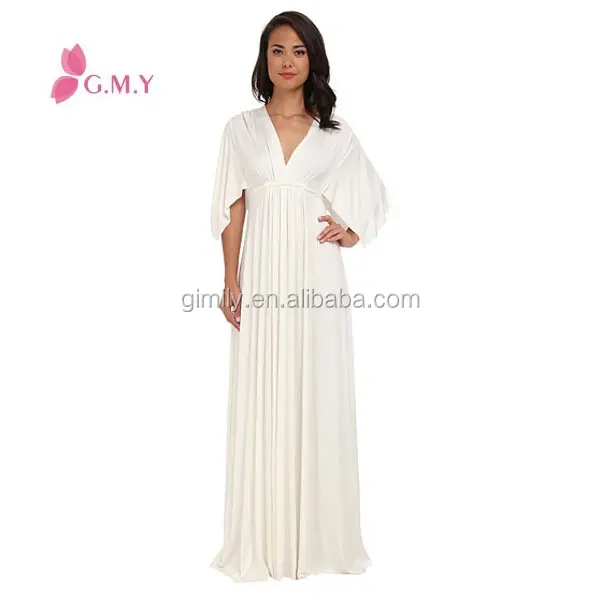 Vestido de noite longo branco elegante, feminino, manga morcego, decote em v