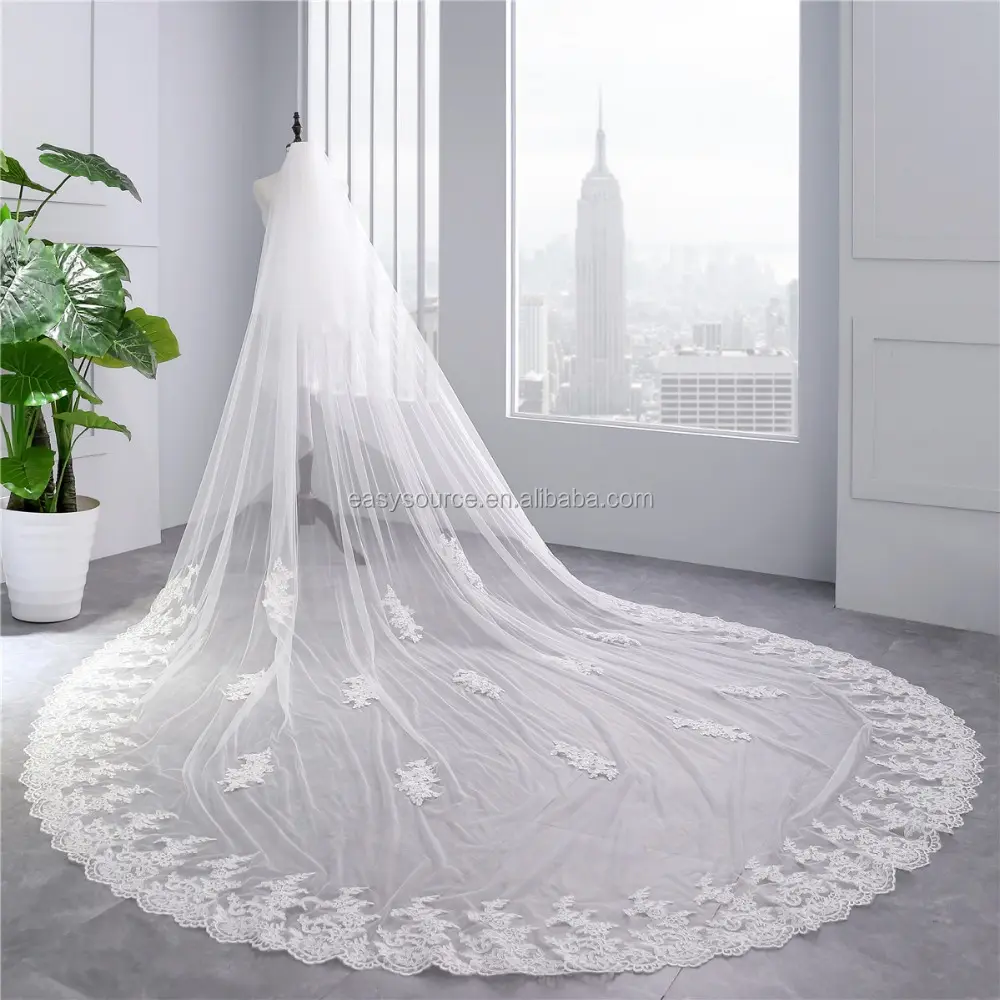 2T Kathedraal Sluiers 3.5M Lace Bridal Veils Lange Sluiers Met Kam