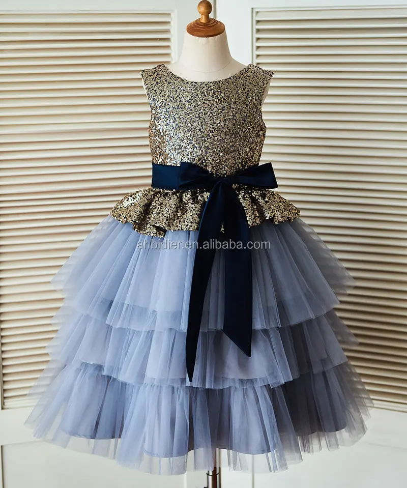 Vestido de princesa para meninas, ouro lantejoulas azul de tule cucpcake vestido de noiva com cinto azul marinho cinto vestido de festa de aniversário