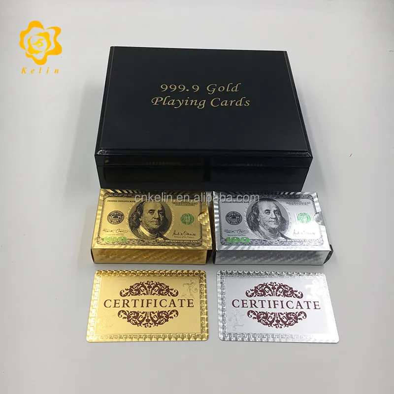 100 Dollar Gold und Silber Zwei-Deck-Spielkarte Plastik Poker Karte Großhandel Tischs piel karten mit Holzkiste