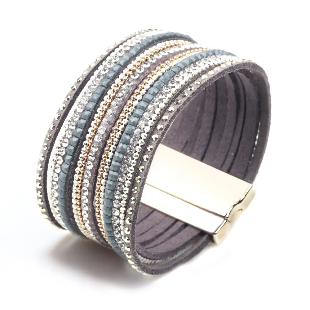 Fatti a mano Delle Donne di Cristallo Perline Con Strass Multistrato Braccialetto di Cuoio Larga Multi-strato di Cristallo di Cuoio Strass Wrap Bracciali