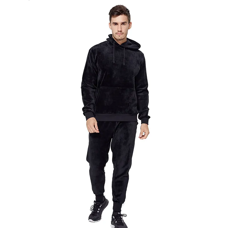 Custom Logo Blank Long Sleeve Combined Fabric Super Soft New Winter Thick Black保温Hoodie Track Suit For Mens