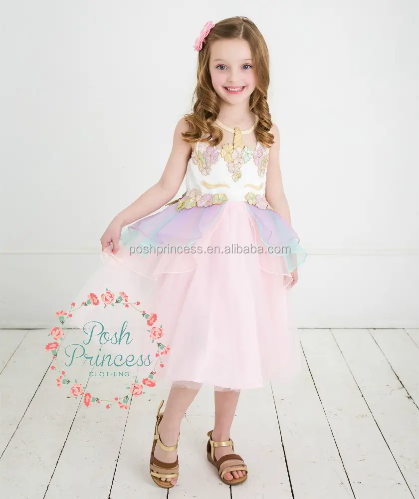 Belo vestido de baile branco longo crianças princesa sumer pari unicórnio vestido para a menina 4 a 14 anos festa