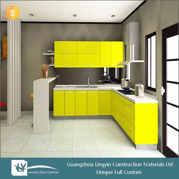 Rusia amarillo laca mdf prefabricada interior de la cocina de diseño de gabinete de